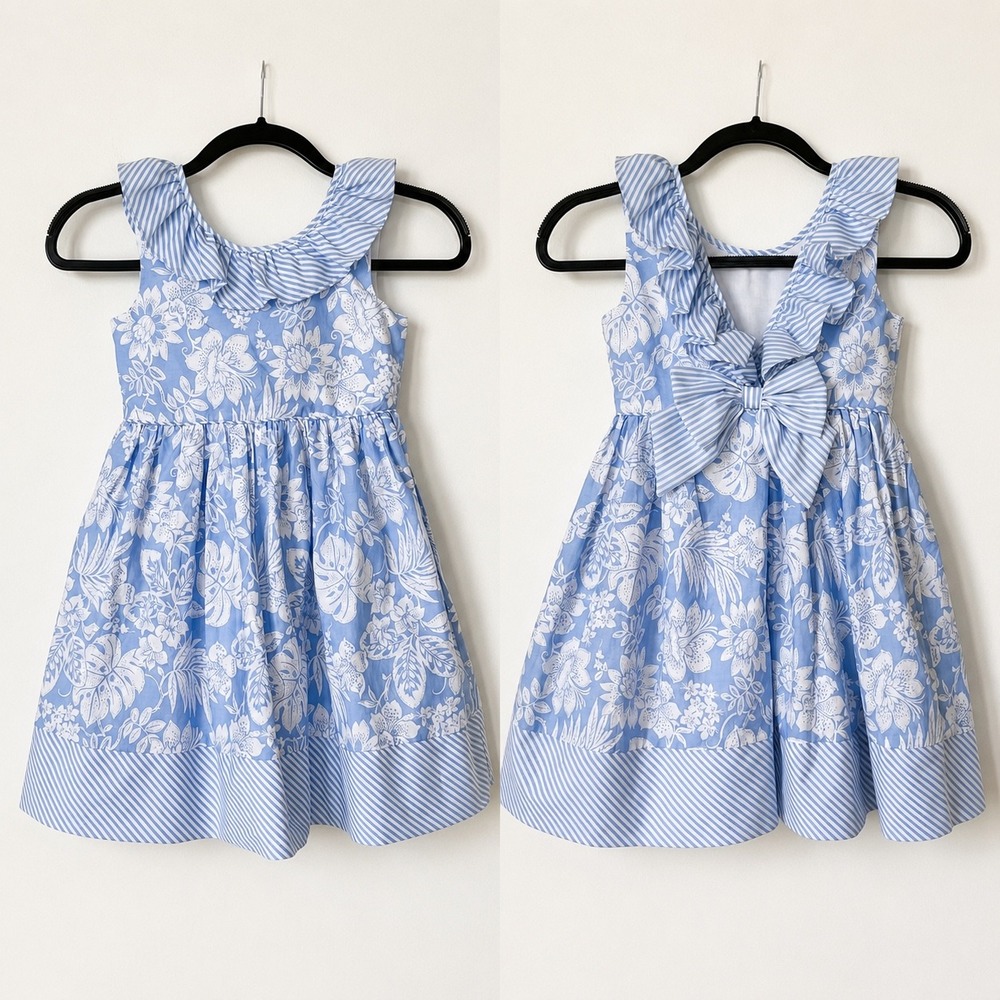 Savannah Blue Floral Stripe Bow Flounce Sleeveless Dress Girls 8 Wedding Guest